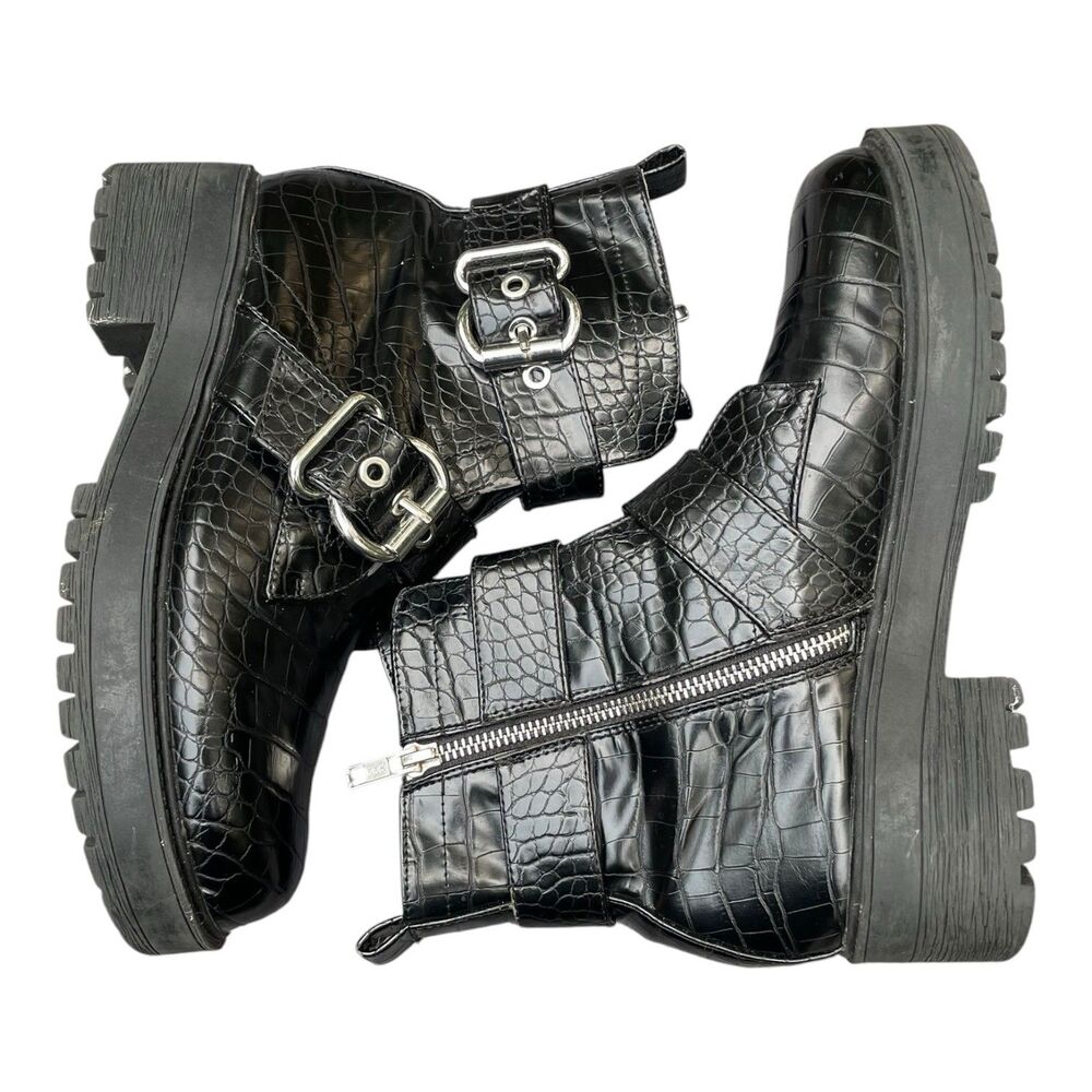 Chunky Moto Goth Punk Rock Aldo Black Patent Mock Croc Combat Boots Size 8.5 - Picture 3 of 16